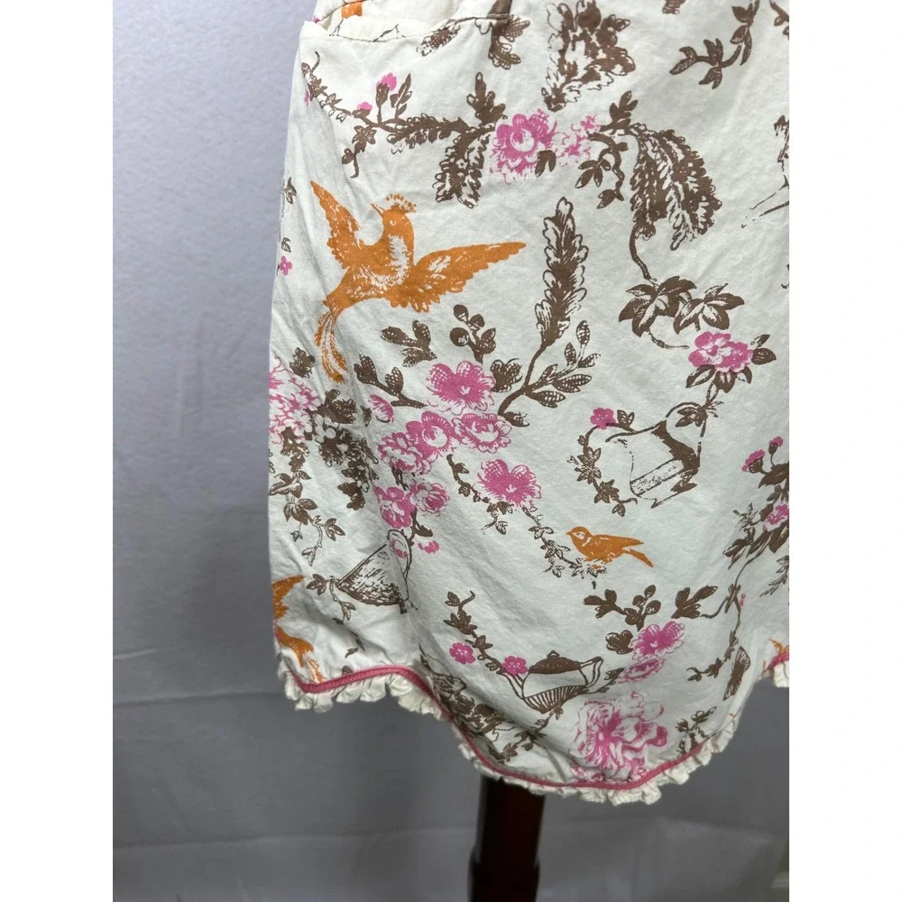 Floral Bird Print Apron Womens OS White Pink Tea Party Cottagecore